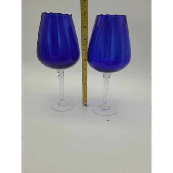 Pair Large Cobalt Blue Glass Goblets Handblown Swirl Stem Fluted Rim 10" - Picture 5 of 9